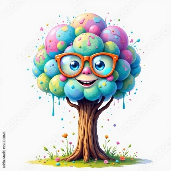 Fototapeta a quirky cotton candy tree wearing oversized glasses, in a cheerful kids illustration style with splashy colors on white background.
