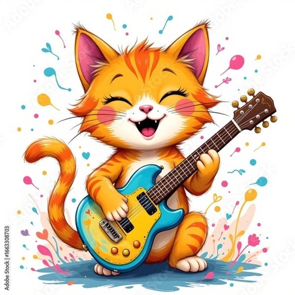 Fototapeta a joyful cat playing a guitar, in a cheerful kids illustration style with splashy colors on white background.