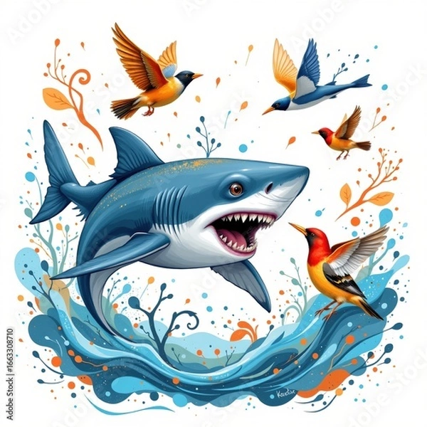 Fototapeta a fanciful shark feeding birds, in a whimsical hand drawn style with colorful splashes on a white background.