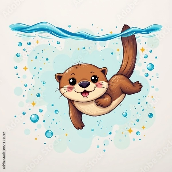 Fototapeta a playful otter diving underwater, in a cheerful kids illustration style with splashy colors on white background.