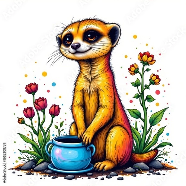 Fototapeta a vibrant meerkat watering plants, rendered in a colorful comic style with ink splatter on white background.