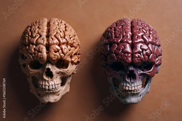 Fototapeta Two skulls with exposed brains on brown background