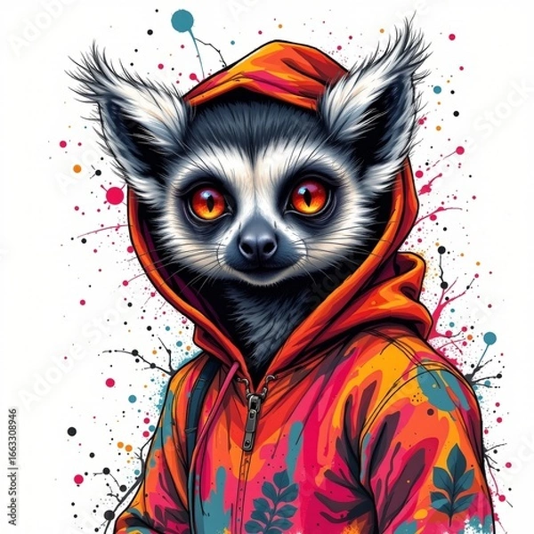 Fototapeta a enigmatic lemur wearing a costume, rendered in a colorful comic style with ink splatter on white background.