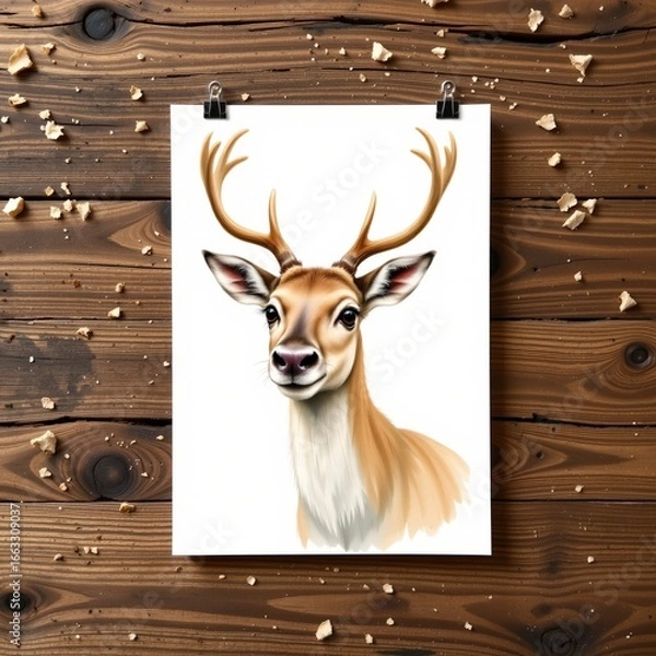 Fototapeta a curious caribou playing peekaboo, drawn in a playful watercolor splash style on a clean white backdrop.