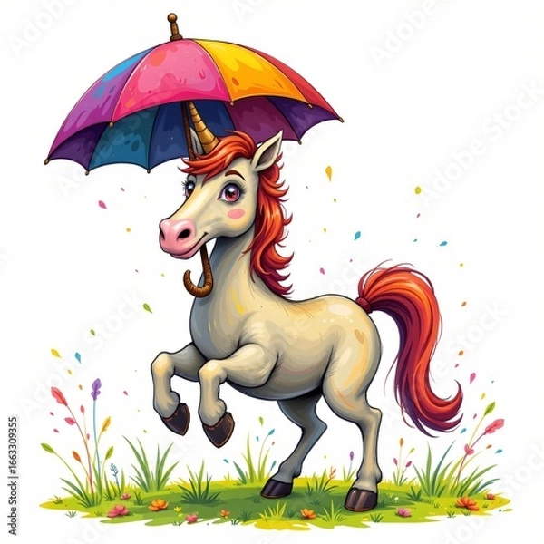 Fototapeta a zany centaur holding an umbrella, in a cheerful kids illustration style with splashy colors on white background.