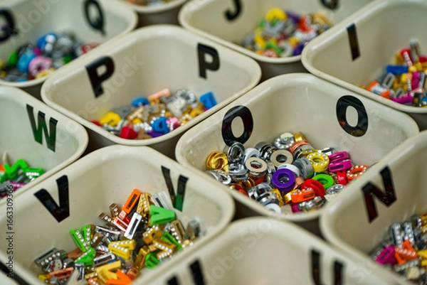 Fototapeta Colorful alphabet bead boxes neatly organized for crafts and jewelry making with letter p o v