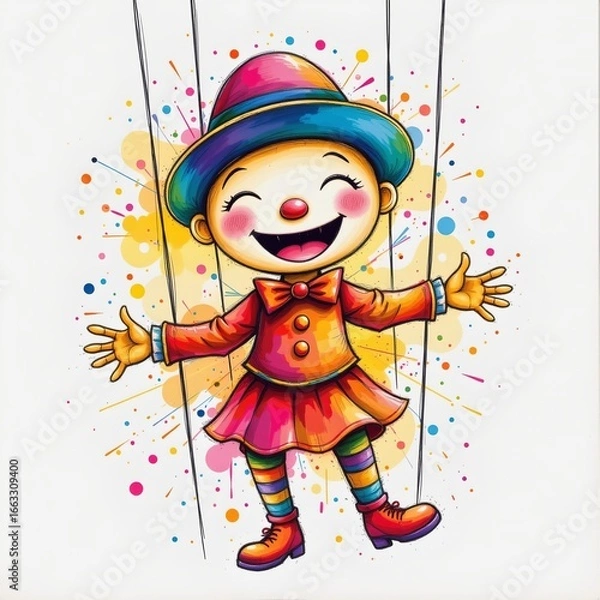 Fototapeta a vibrant marionette with a big smile, drawn in a playful watercolor splash style on a clean white backdrop.
