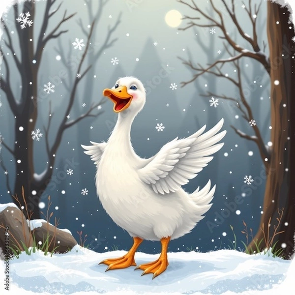 Fototapeta a cheerful goose catching snowflakes, in a cheerful kids illustration style with splashy colors on white background.