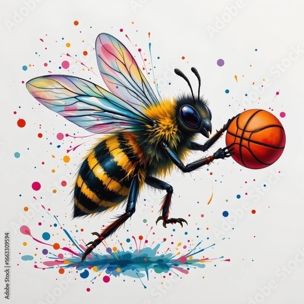 Fototapeta a colorful bee playing basketball, drawn in a playful watercolor splash style on a clean white backdrop.