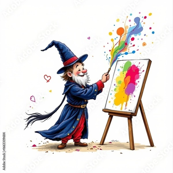 Fototapeta a gentle magician painting a picture, in a whimsical hand drawn style with colorful splashes on a white background.