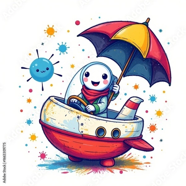 Fototapeta a playful spaceship captain holding an umbrella, in a whimsical hand drawn style with colorful splashes on a white background.