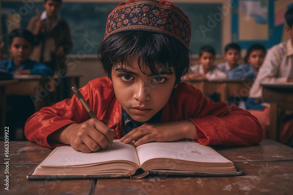 Fototapeta Young student focused on learning in classroom