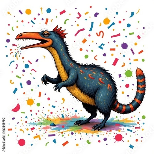 Fototapeta a zany anteater throwing confetti, in a whimsical hand drawn style with colorful splashes on a white background.