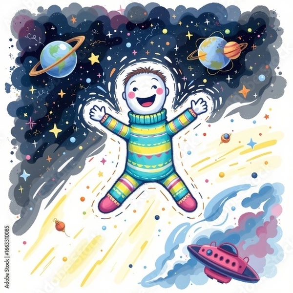 Fototapeta a cheerful sock puppet flying through space, drawn in a playful watercolor splash style on a clean white backdrop.