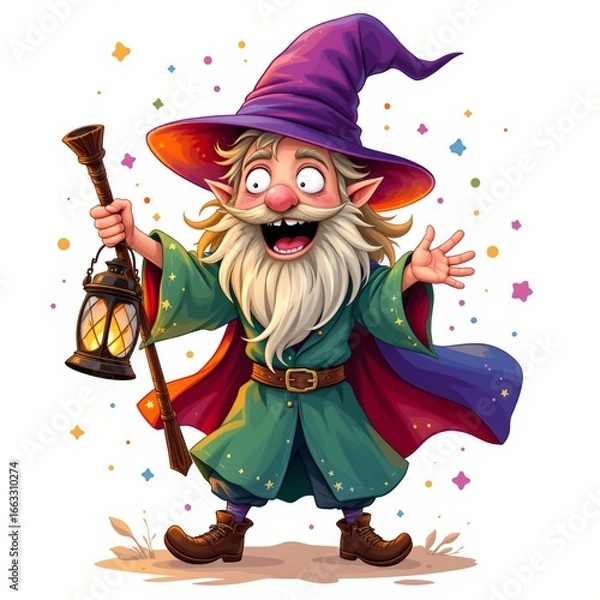 Fototapeta a daring wizard carrying a lantern, in a cheerful kids illustration style with splashy colors on white background.