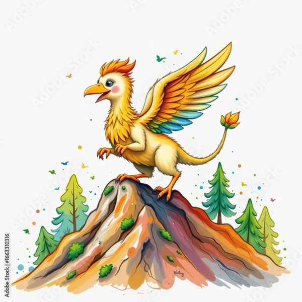 Fototapeta a joyful griffin hiking up a mountain, drawn in a playful watercolor splash style on a clean white backdrop.