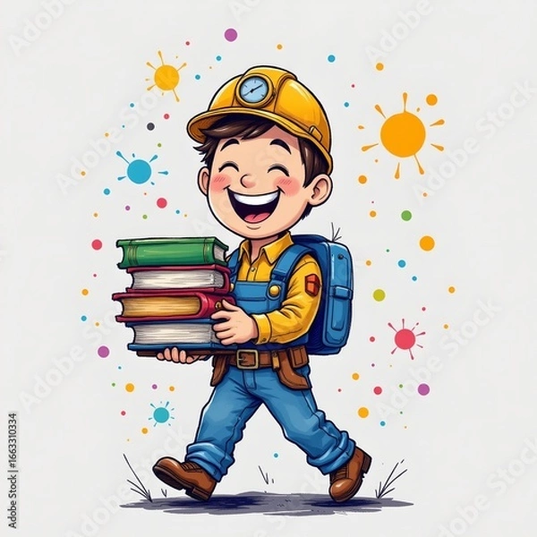 Fototapeta a cheerful engineer carrying a stack of books, in a whimsical hand drawn style with colorful splashes on a white background.
