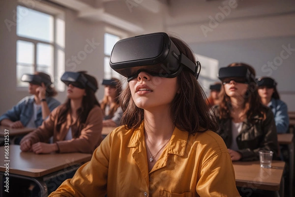 Fototapeta Students immersed in virtual reality learning experience