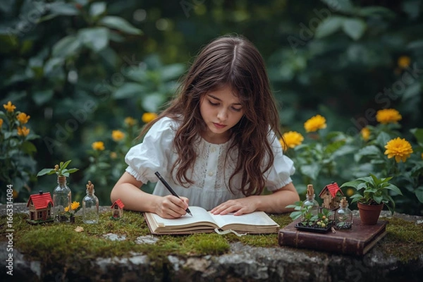 Fototapeta Young girl writes in a magical forest setting