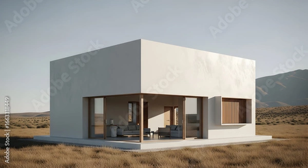 Fototapeta Minimalist cube house in arid landscape evoking peaceful architectural design