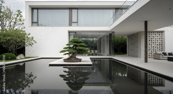 Fototapeta Contemporary architecture showcasing minimalist design with serene water feature