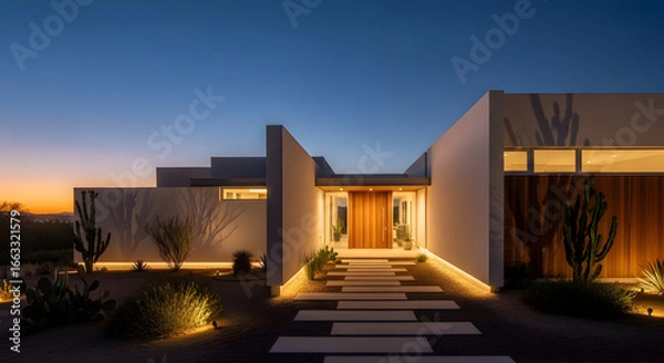 Fototapeta Tranquil desert residence at dusk, presenting modern architectural elegance
