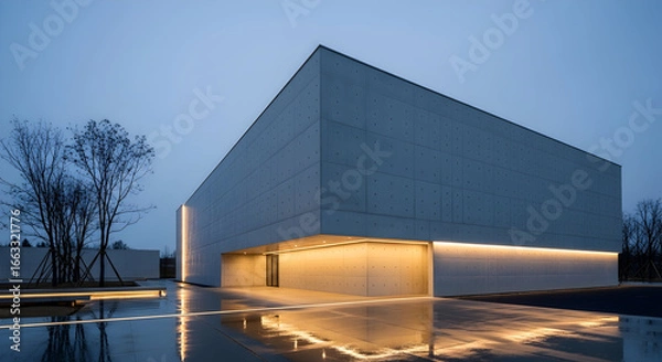 Fototapeta Minimalist architecture with concrete block structure and reflected illumination