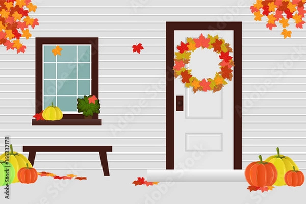 Obraz The facade of the house in the autumn season, the yard, the harvest. Vector illustration.