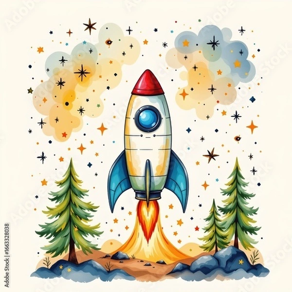 Fototapeta a energetic rocket ship camping under the stars, drawn in a playful watercolor splash style on a clean white backdrop.