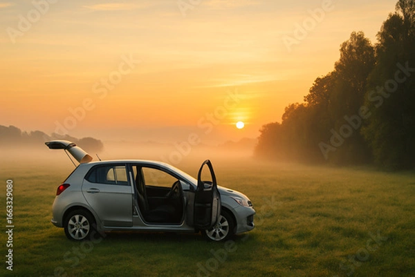 Obraz A silver hatchback car with its doors and trunk open sits in a foggy field during sunrise. The golden light casts a warm glow across the landscape, while mist gently rolls over the grass.