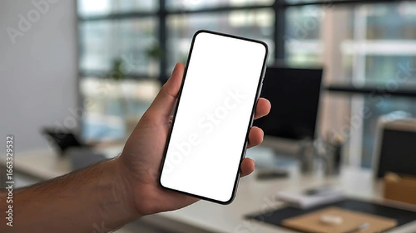 Fototapeta Modern smartphone with blank screen held in hand indoors office environment for app promotion or website display
