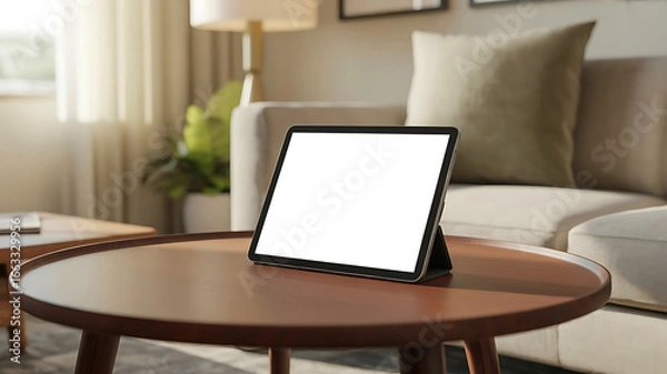 Fototapeta Modern living room scene with a tablet displaying a blank screen on a wooden coffee table