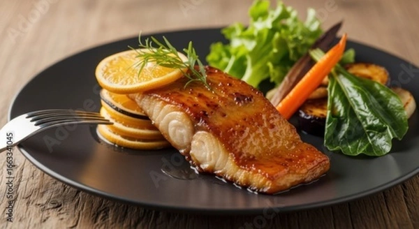 Fototapeta Exquisite dish presentation of glazed fish fillet with citrus accents recipe
