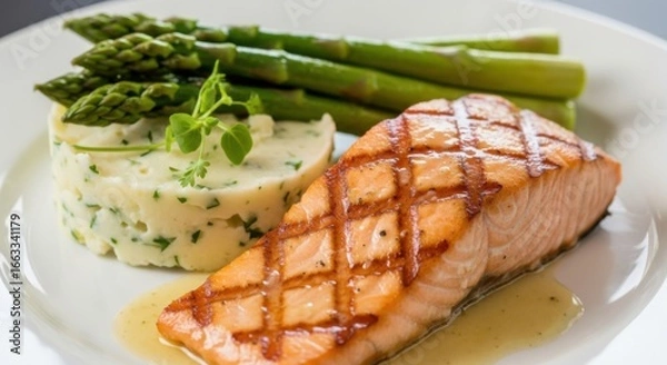 Fototapeta Grilled salmon fillet served with creamy mashed potatoes and fresh asparagus