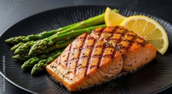 Fototapeta Perfectly grilled salmon fillet plated with vibrant asparagus and lemon garnish