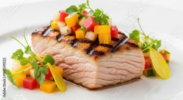 Obraz Grilled pork chop crowned with refreshing colorful fruit salsa garnish plate