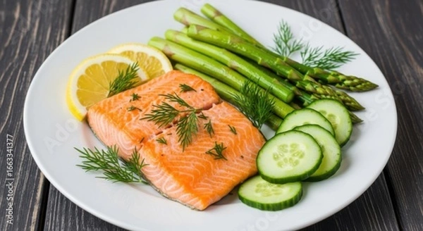 Obraz Succulent salmon steak accompanied by fresh garden asparagus and cucumber slices