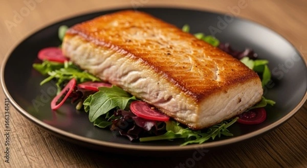 Fototapeta Gourmet culinary presentation: pan seared salmon fillet served on fresh greens