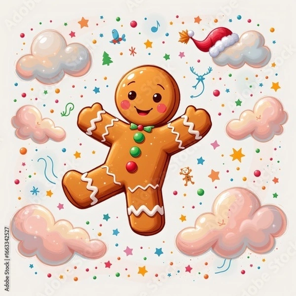 Fototapeta a magical gingerbread man swimming through the sky, in a cheerful kids illustration style with splashy colors on white background.