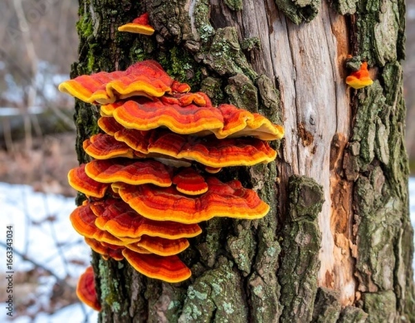 Obraz Bright orange fungus on tree bark