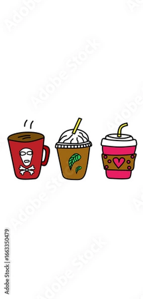 Obraz A colorful cartoon illustration of three different coffee cups in unique designs. The first is a red mug with a skull icon, the second is a takeaway cup with whipped cream and green leaves, and the th