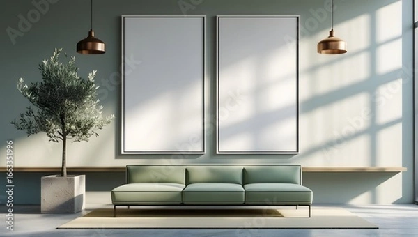 Fototapeta Modern Sage Green Living Room with Two Blank Canvases, Olive Tree, and Minimalist Sofa Mockup
