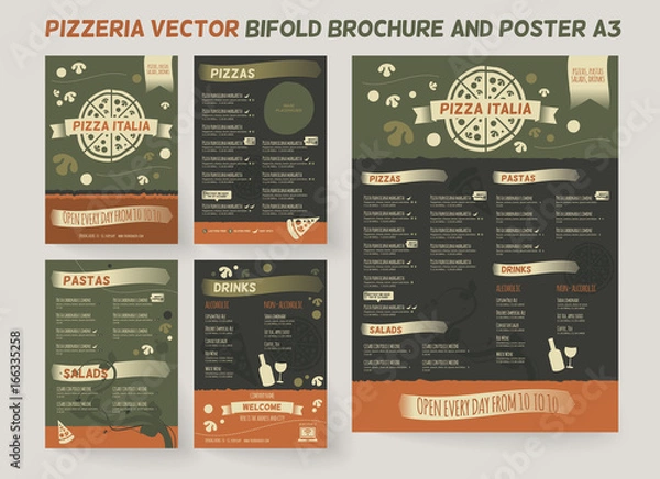 Fototapeta Szablon broszury menu pizzerii. Projekt broszury wektorowej, nowoczesny układ okładek plakatów i ulotek. Profesjonalny projekt z ręcznie rysowanymi elementami do składanej broszury do cennika pizzerii.