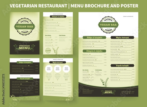 Fototapeta Szablon broszury menu restauracji. Projekt wektorowy, nowoczesny układ okładek plakatów i ulotek. Profesjonalny projekt z ręcznie rysowanymi elementami broszury bifold do cennika restauracji wegetariańskich.