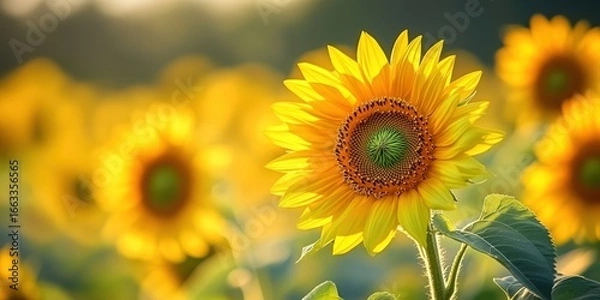 Fototapeta A vibrant field of sunflowers bathed in golden light, with one in sharp focus, showcasing intricate details