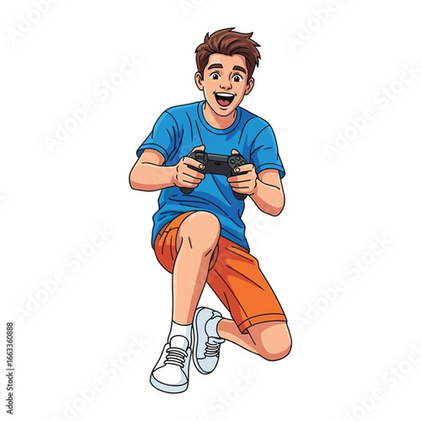 Fototapeta Joyful Gamer in Action: A young gamer is completely immersed in the game, capturing the essence of excitement and engagement as he interacts with his console controller.