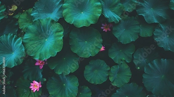 Fototapeta A large forest of green lotus leaves with many small pink buds, captured in HD with a top-down view and close-up focus, showcasing clear details of the leaves and buds in high-resolution.