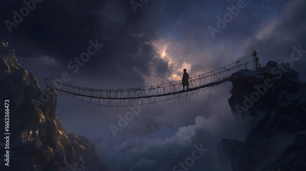 Fototapeta  Man takes pause in his late-night journey across an ancient rope bridge (2)