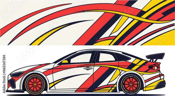 Obraz Sport Car Wrap Design  Abstract Racing Stripes in Red, Yellow, and Black Vector Illustration
