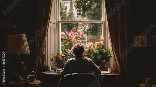 Fototapeta  A person taking a break from working at home, looking out the window (1)